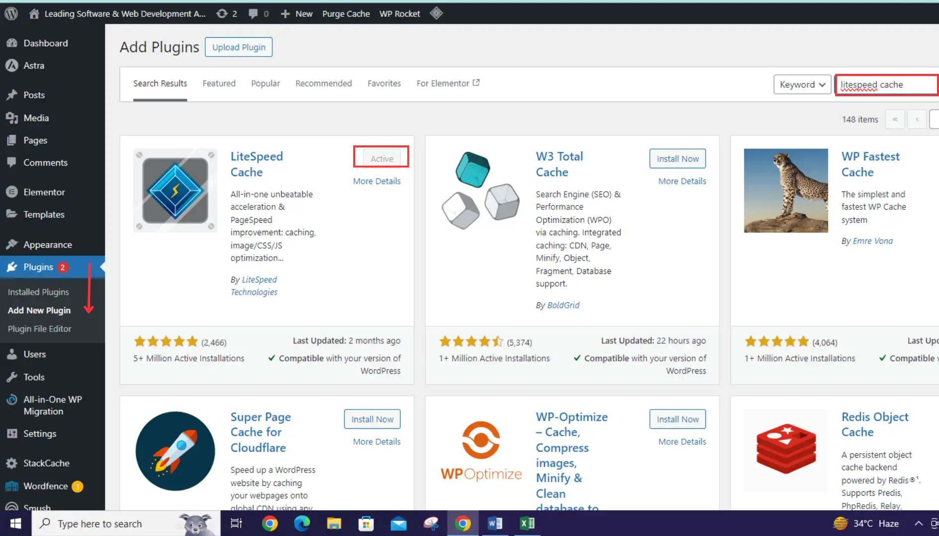 Screenshot of WordPress dashboard with focus on Litespeed Cache plugin.