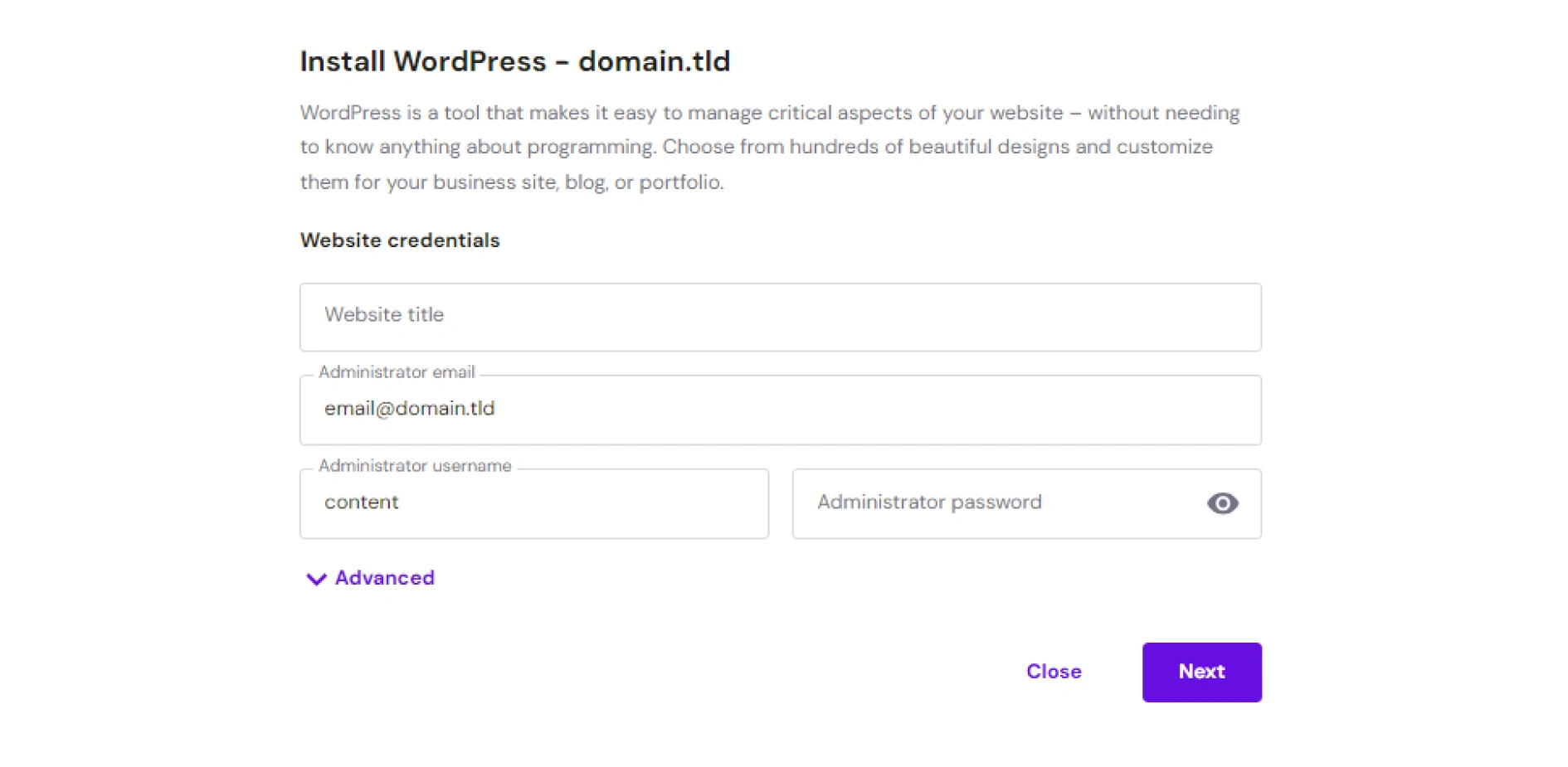 WordPress signup form. Enter your email, username, and password to create an account.