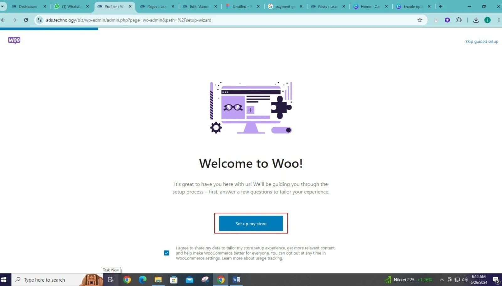 Welcome to WooCom page displayed