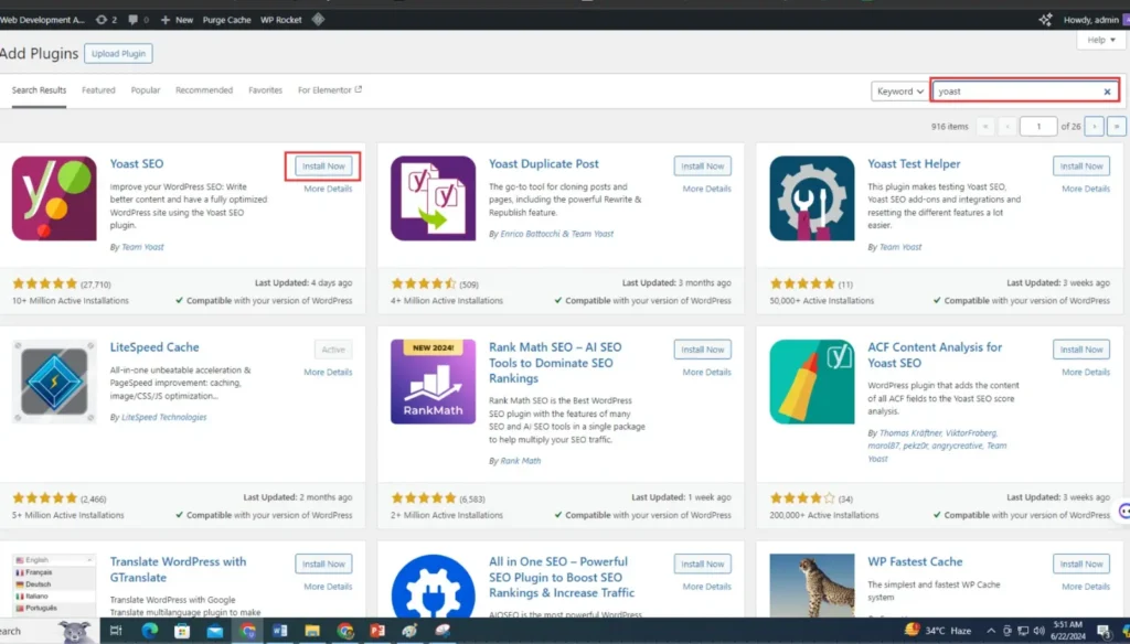 A screenshot of the WordPress app store featuring the Yoast plugin.