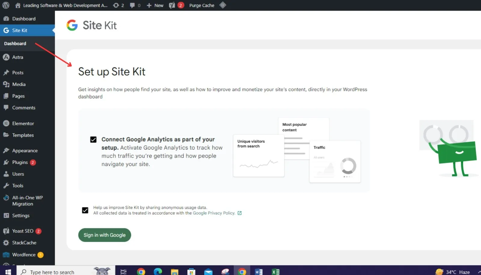 The highlighted Google Site Kit set up page for creating a new account.