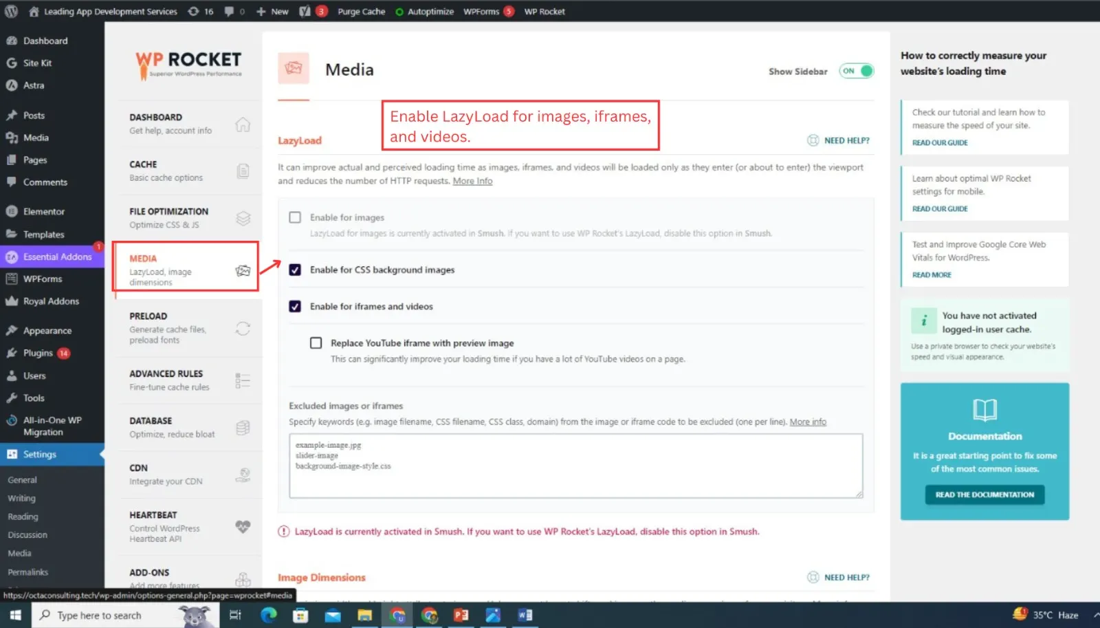 Settings page in WordPress with option to enable Lazy Load Image feature.