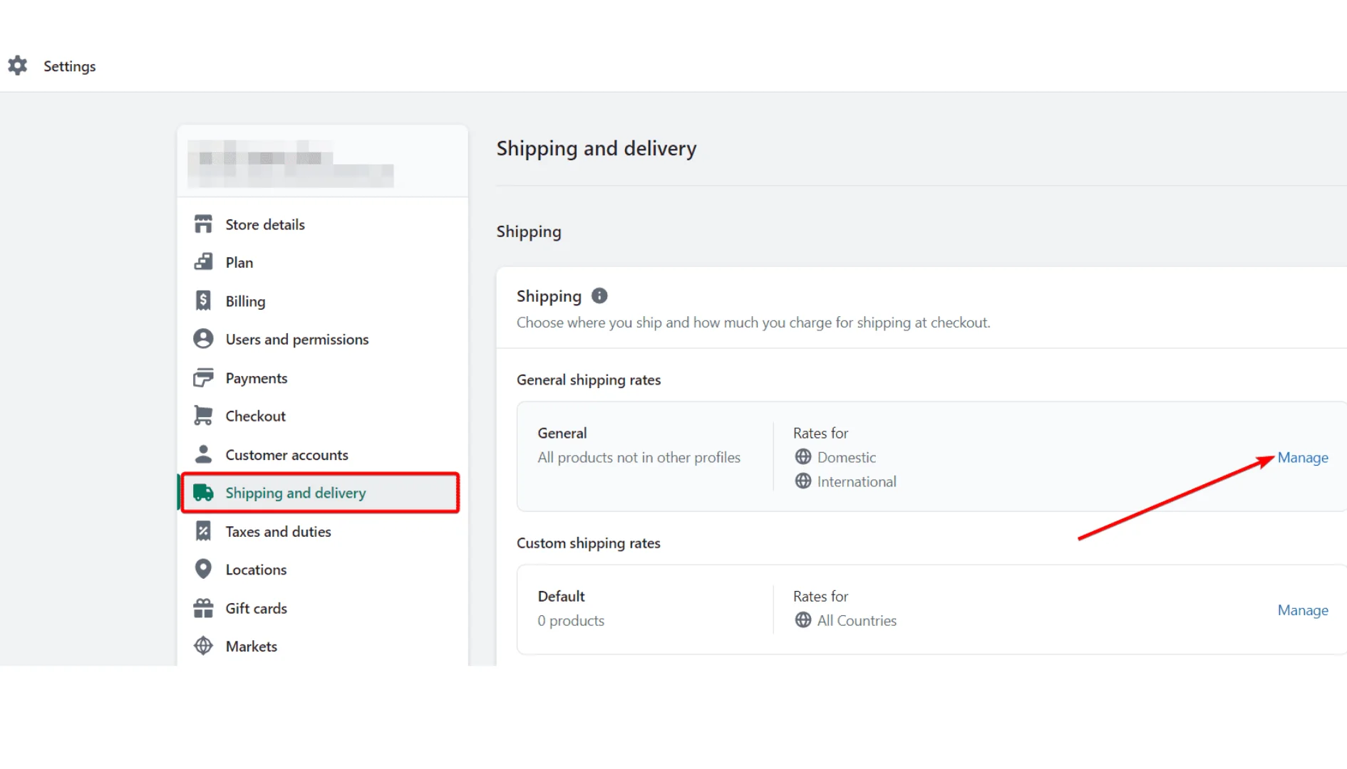 Image of shopify shipping settings page with settings button highlighted.